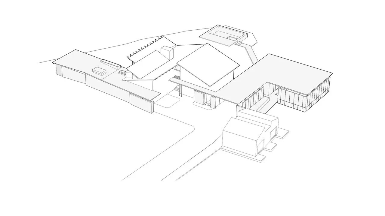 Line drawing of the Lake Retreat + Boathouse showing building volumes and roof configurations.