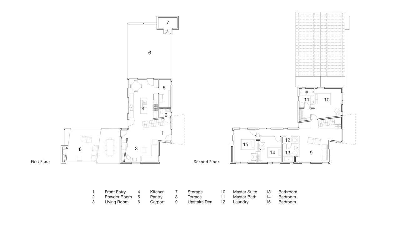 Architectural floor plans showing the first and second floors of the Acorn Acres residence with labeled rooms and spaces.