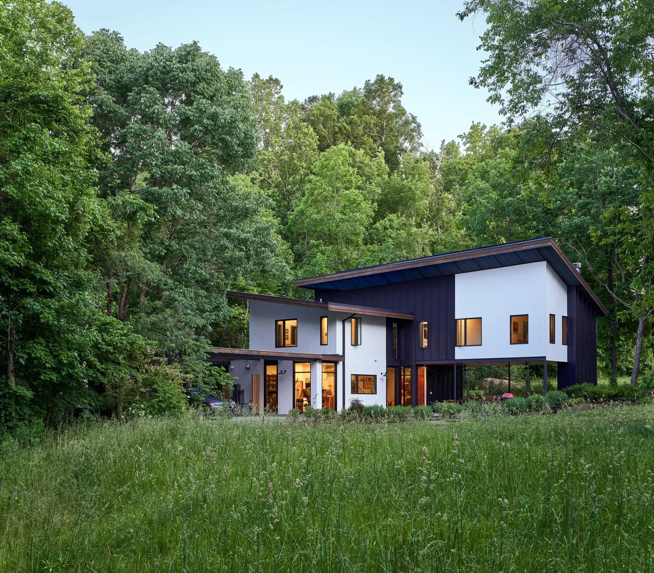 Modern two-story house with dark and white siding surrounded by tall trees and green grass meadow.