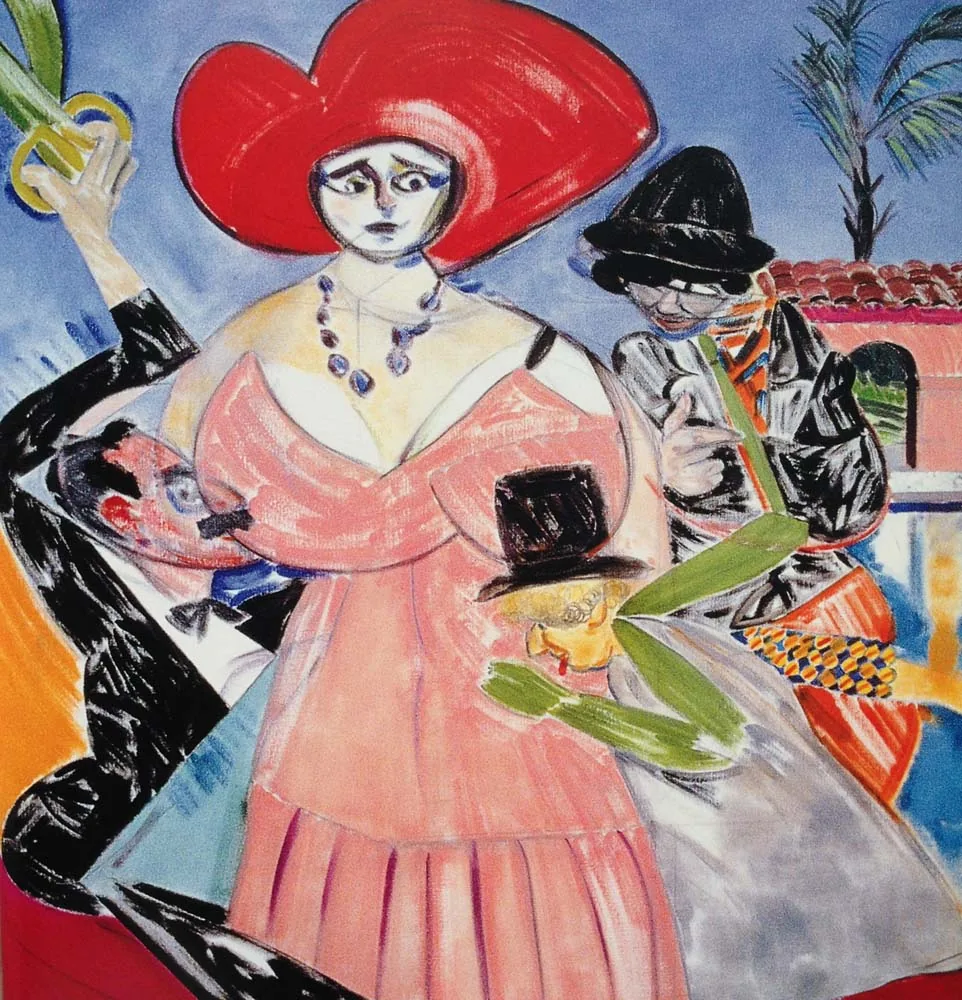 A vibrant abstract painting illustrating three figures with distinctive hats and expressive postures.