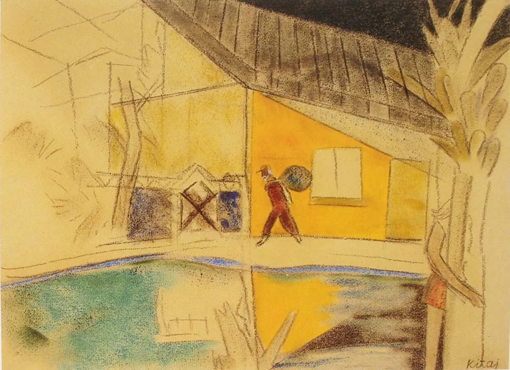Drawing shows Yellow Studio's yellow facade, sloped roof, and pool with two figures in hats nearby.
