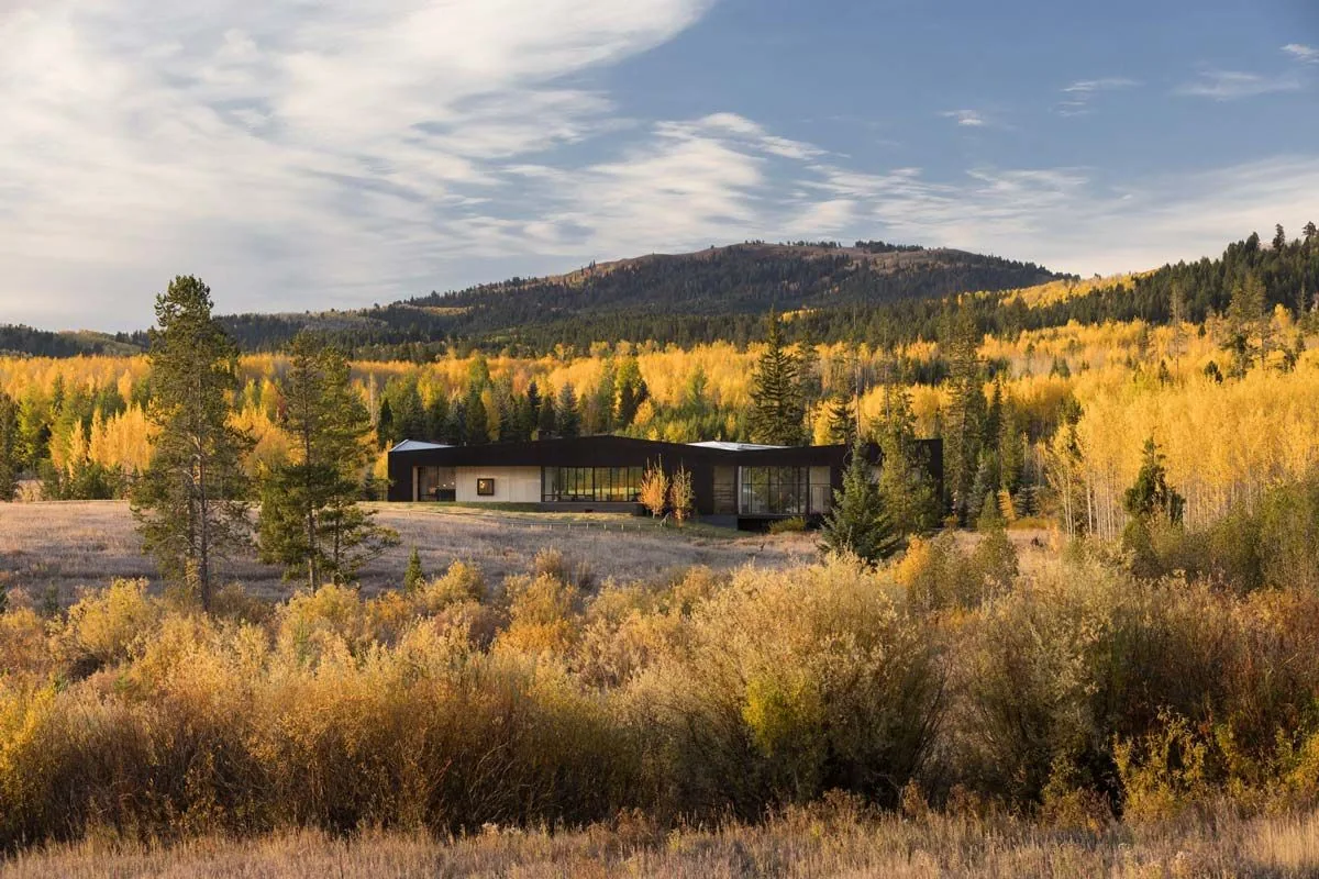 ShineMaker house by Carney Logan Burke Architects features black metal siding and angular rooflines set in a natural autumn landscape.