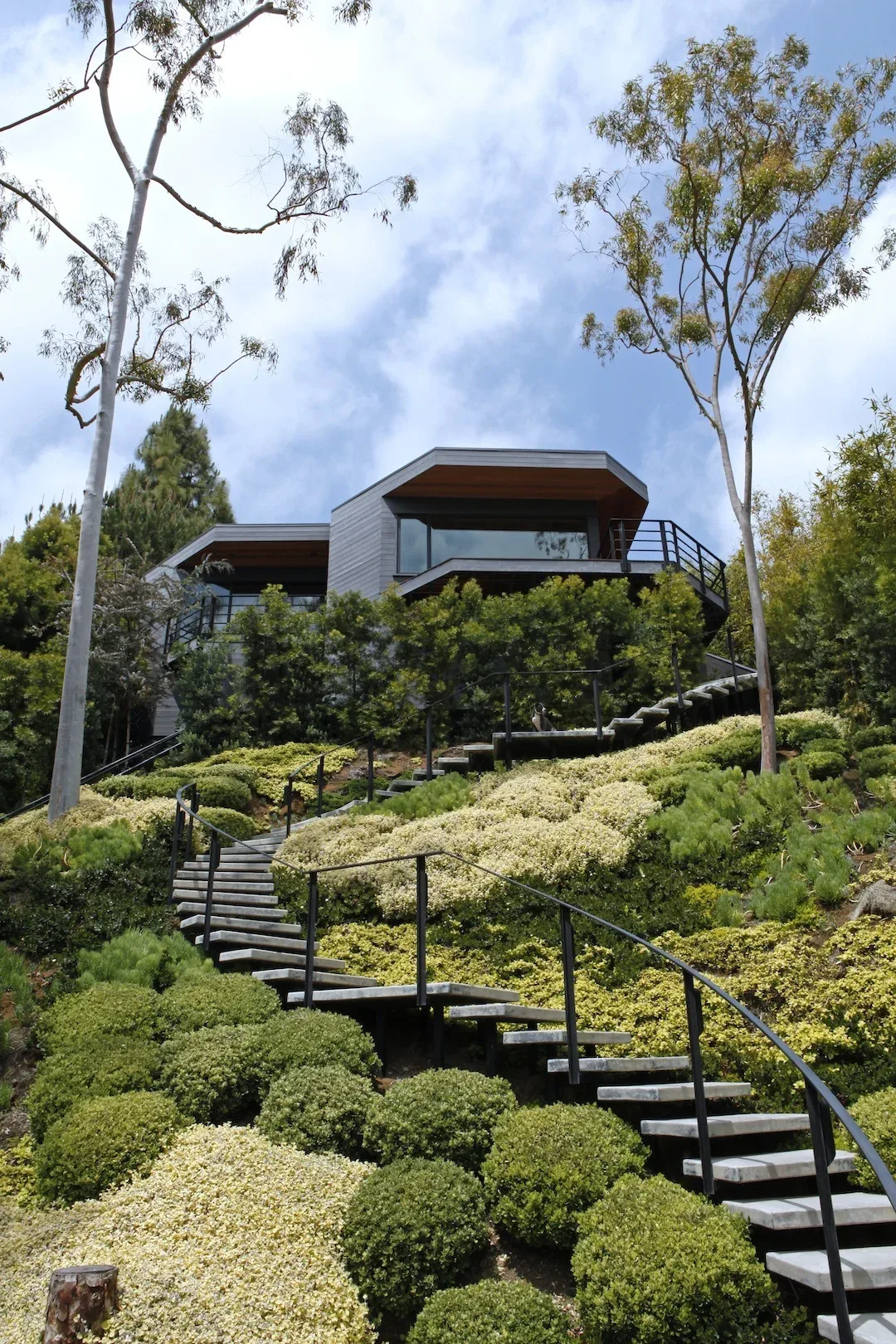Modern house perched on a hillside with a winding stairway set in verdant landscaping and tall trees.