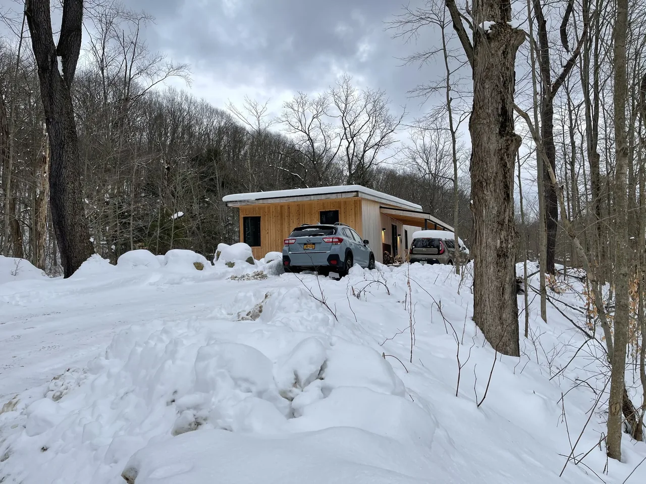 The Canadaway House features wood siding and a flat roof, set in a snowy rural landscape with surrounding woods.