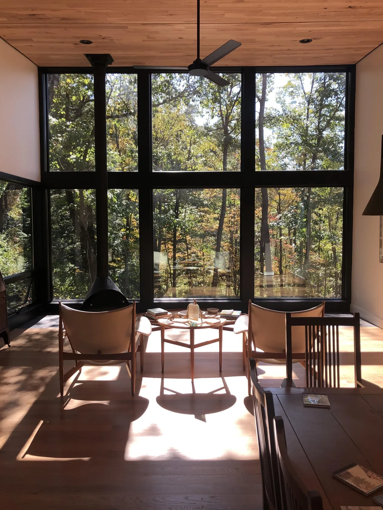Canadaway House living area with expansive black-framed windows highlighting the wooded view outside.