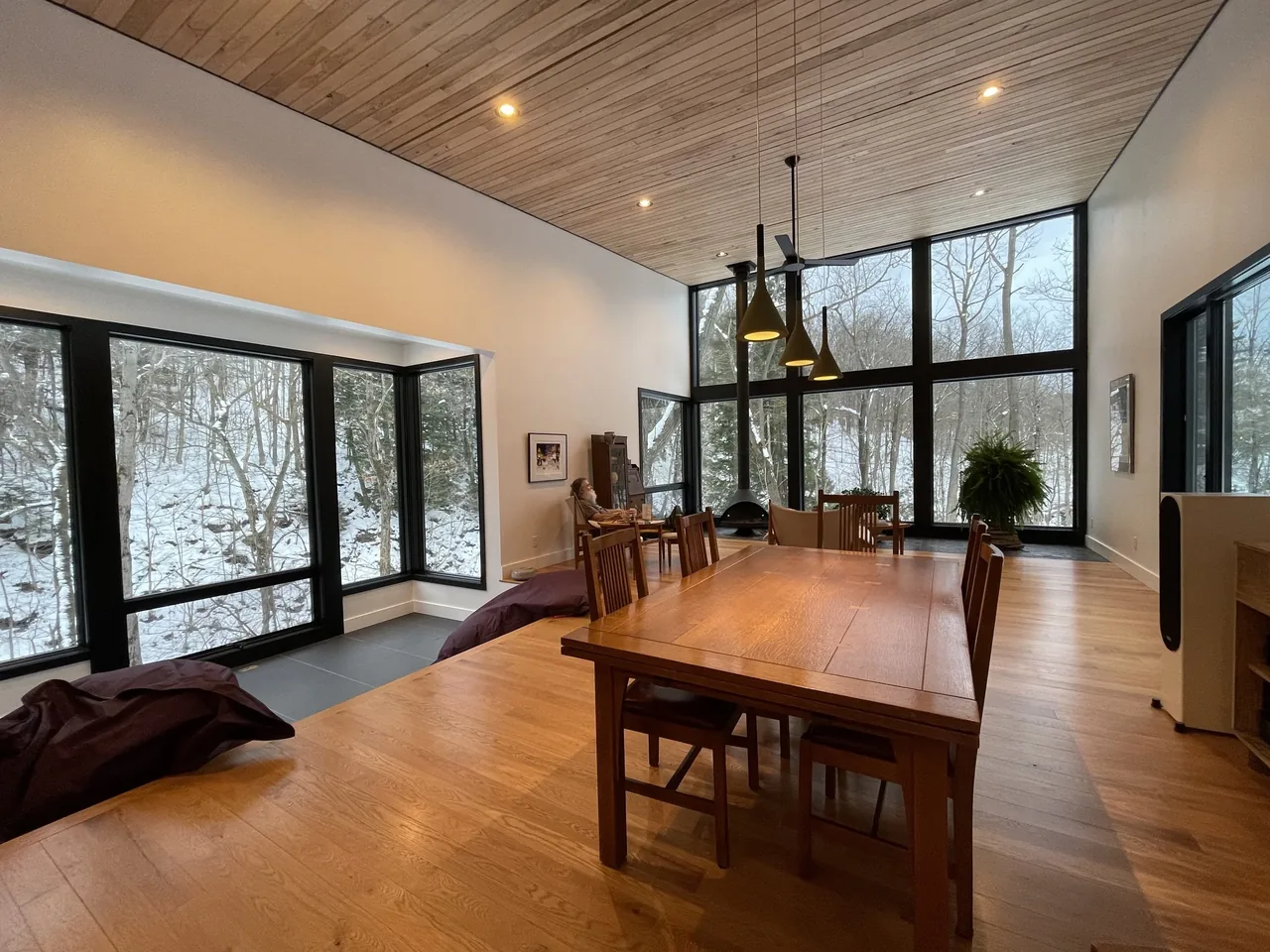 Dining area of Canadaway House with floor-to-ceiling black-framed windows overlooking a snowy forest.