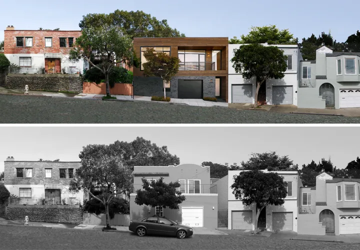 Hill House in San Francisco features wood panel exterior framing and large glazing with black window frames.
