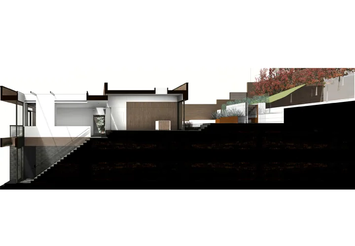 Section rendering of Hill House with terraced garden steps and wood panel accents.