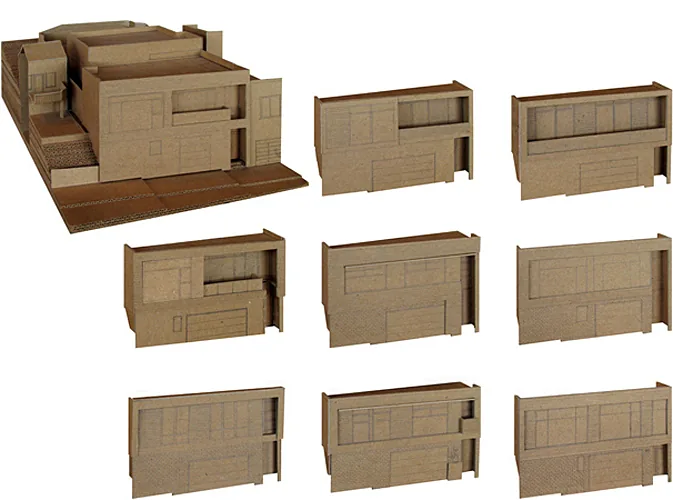 Cardboard model of Hill House in San Francisco by Cary Bernstein Architect showing multiple angles and elevations.