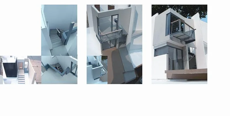 Model shows modern house design with cantilevered balconies and floor-to-ceiling glazing with black window frames.