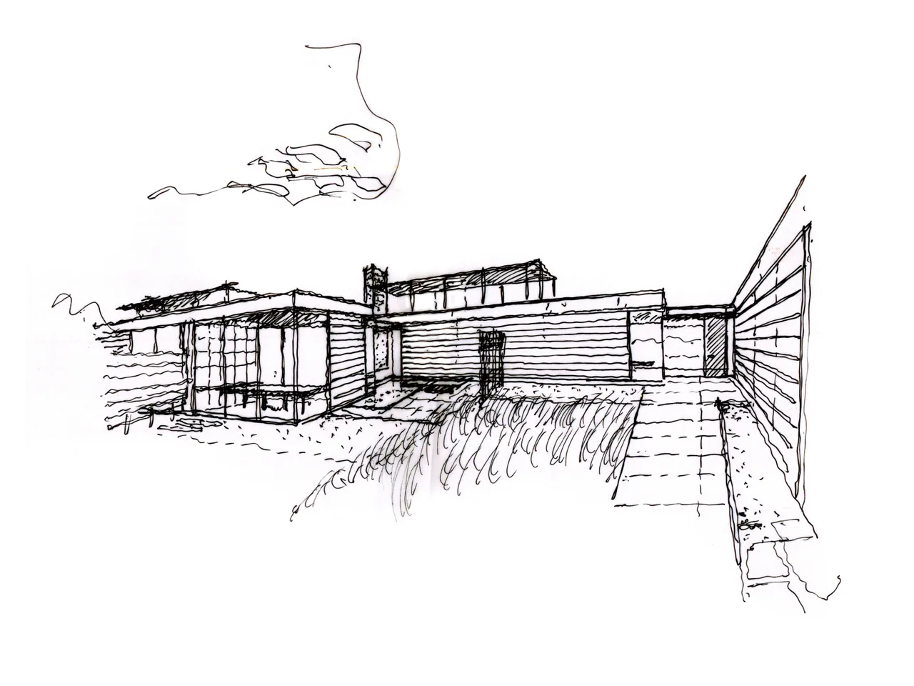 Sketch drawing of Long Island House with horizontal wood siding and a central courtyard by Tod Williams Billie Tsien Architects.