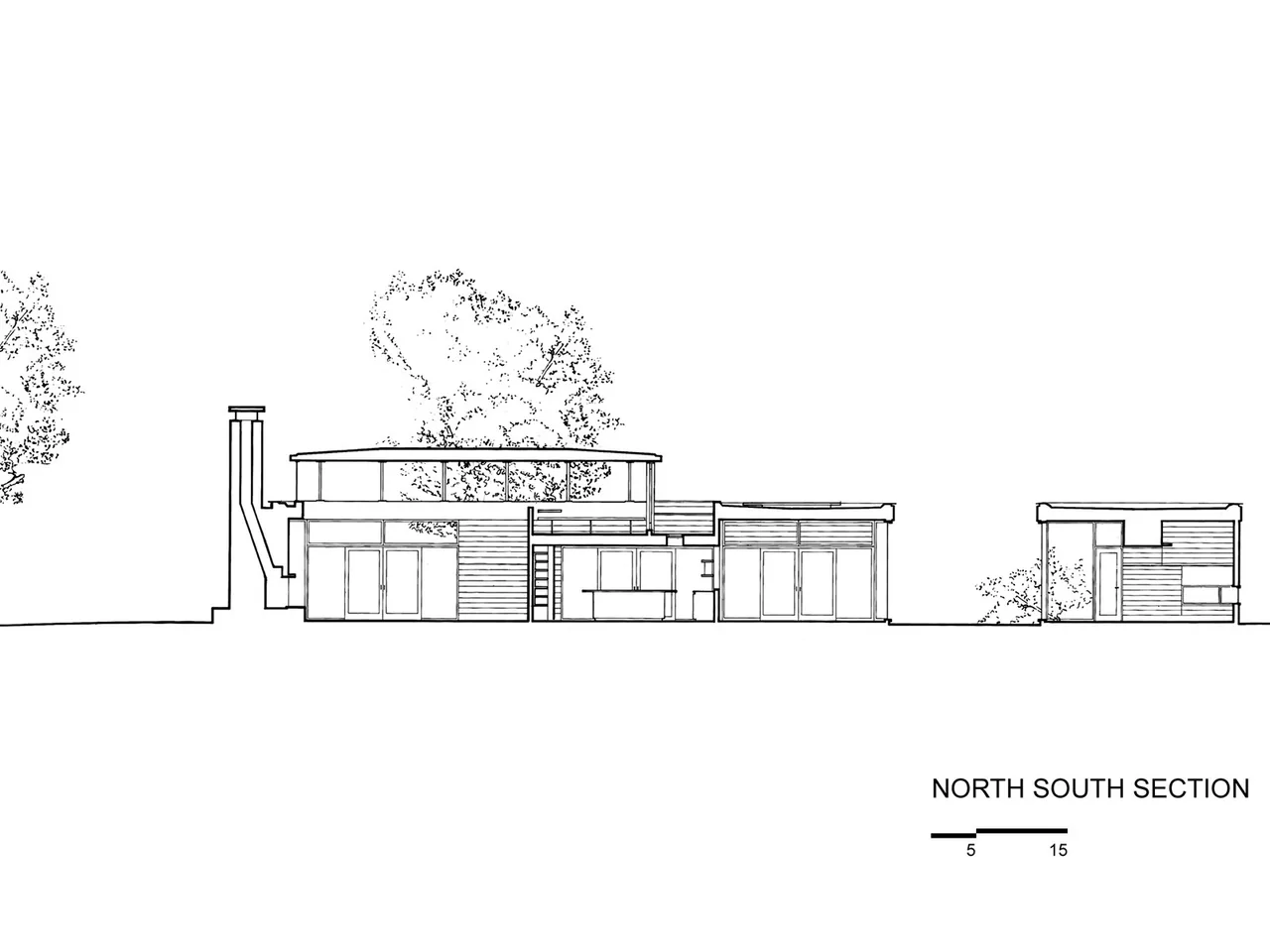 North-south section drawing of the Long Island House showing flat roof design and structural layout.