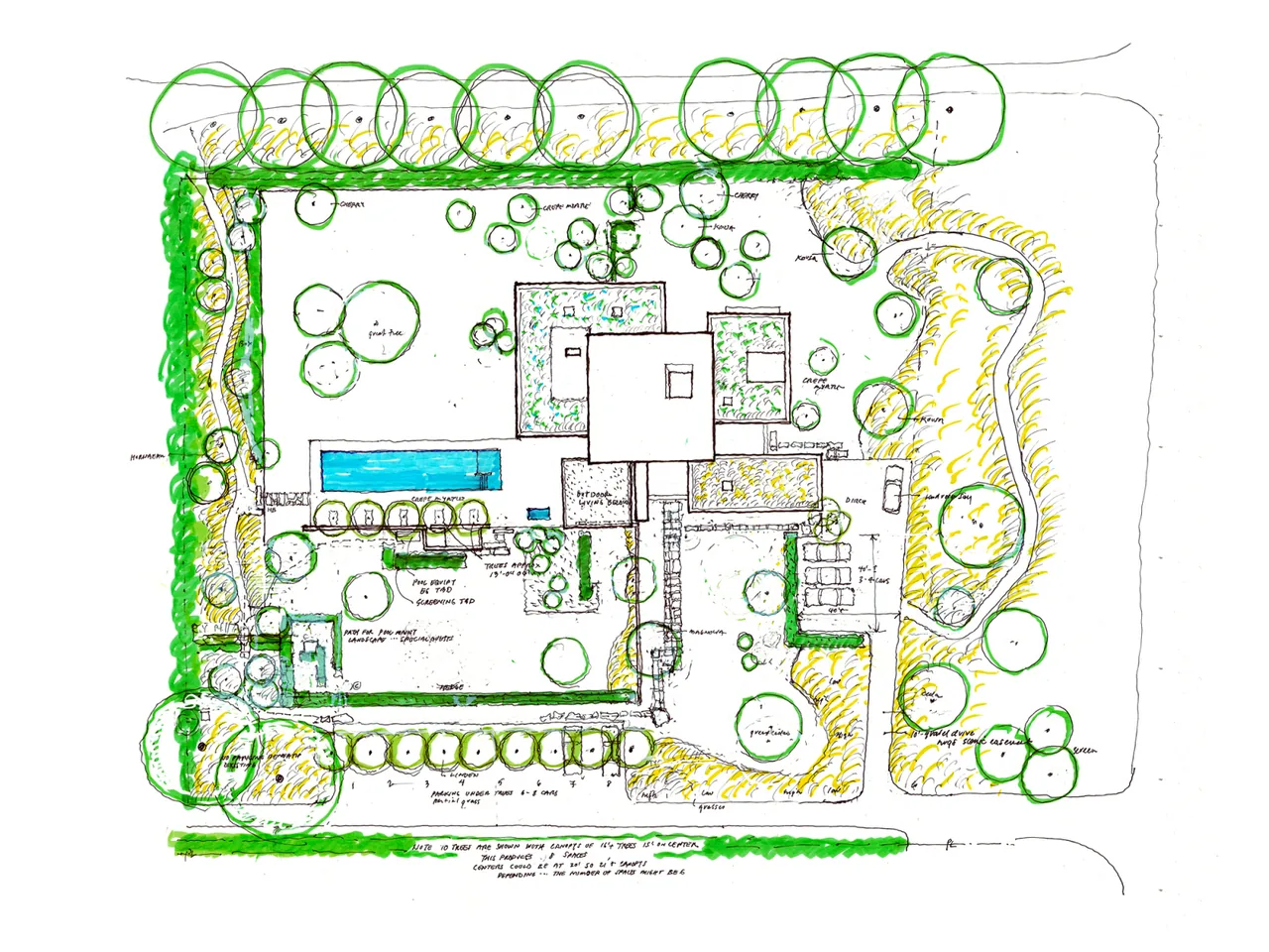 Site plan sketch showing Further Lane House with pool, landscaping, and outdoor areas.