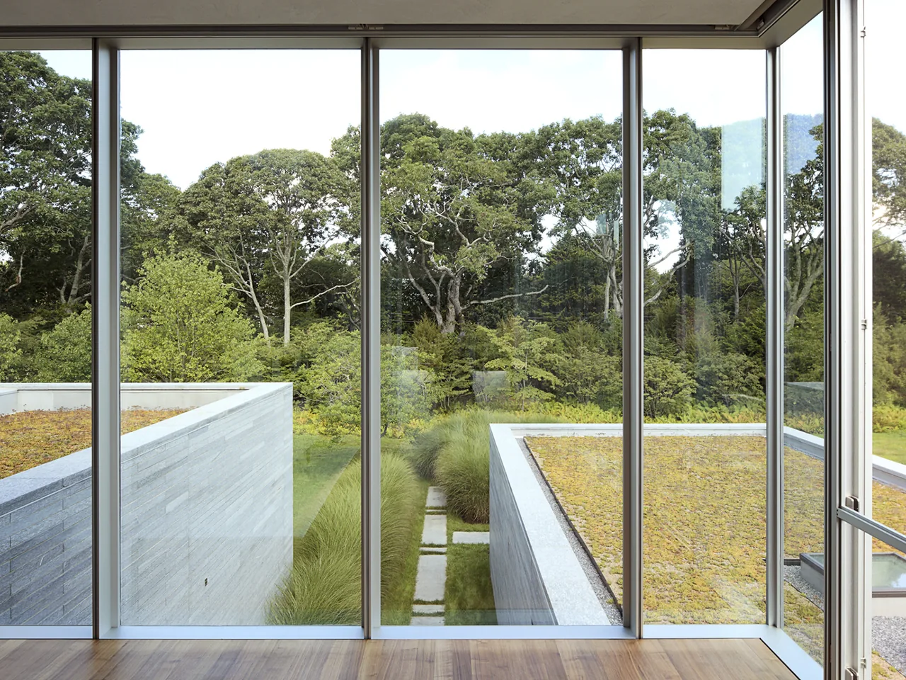 Large glass windows frame a view of a green roof and landscaped backyard at Further Lane House.