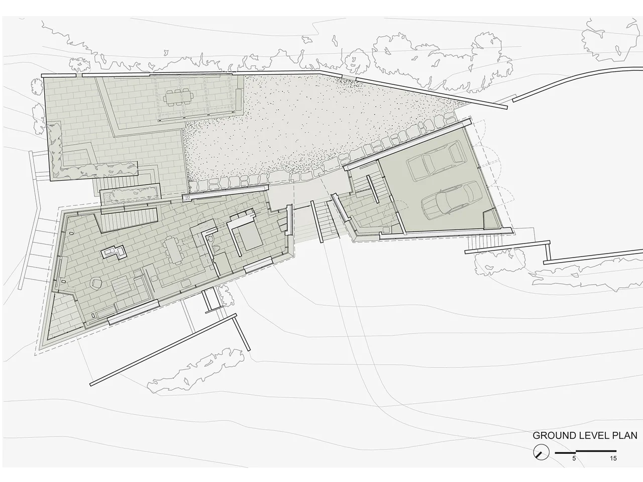 Ground level floor plan of Shelter Island House highlighting garage and adjacent terrace space.