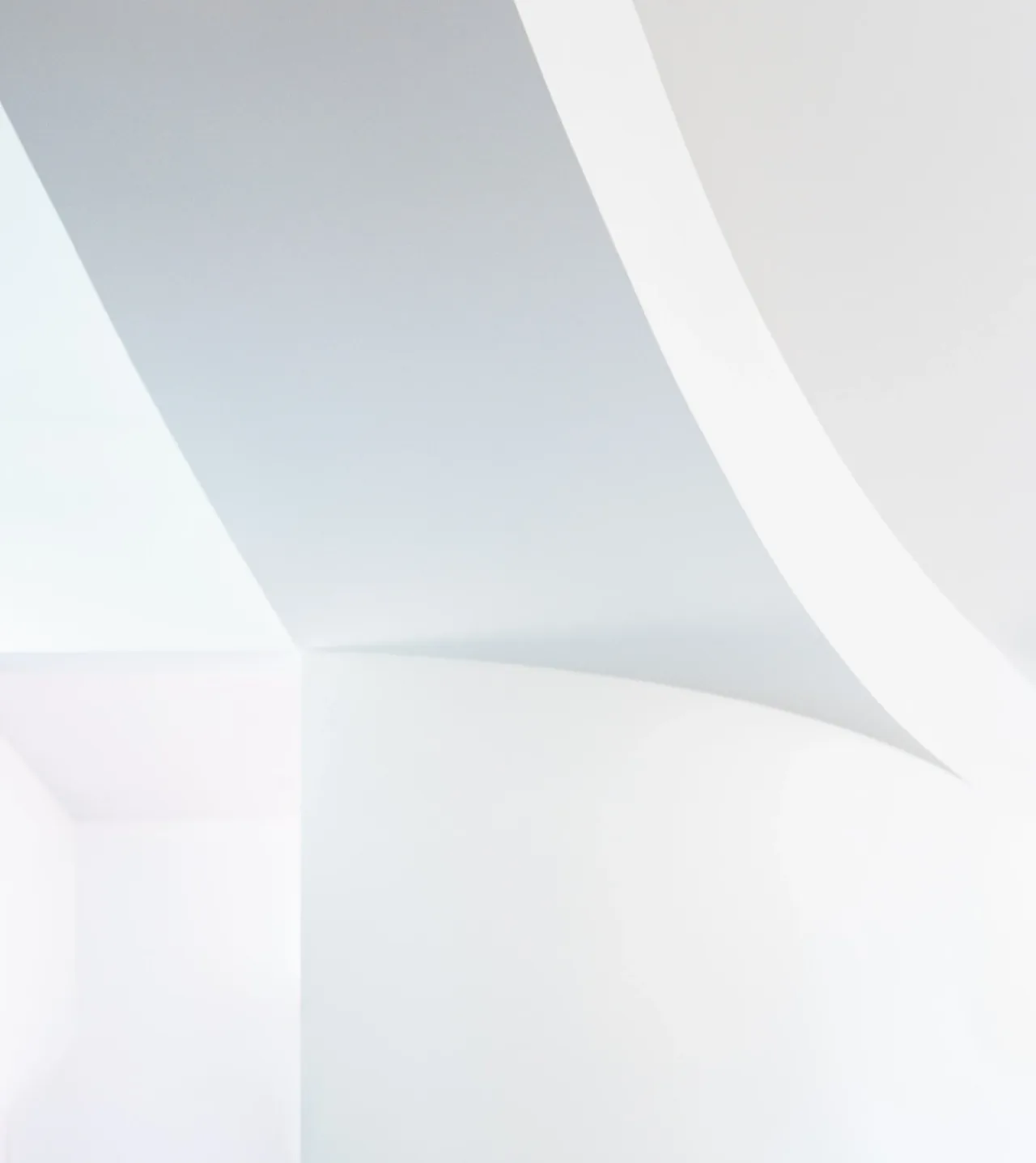 Curved ceiling shapes in white and pale grey emphasize the minimalist interior design of the space.