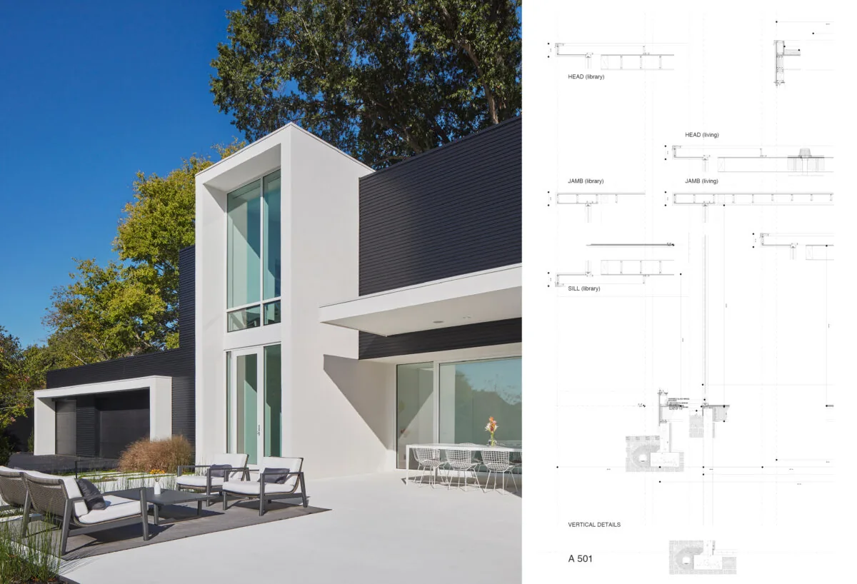 Frame House features a vertical window tower and contrasting black and white exterior with outdoor seating spaces.
