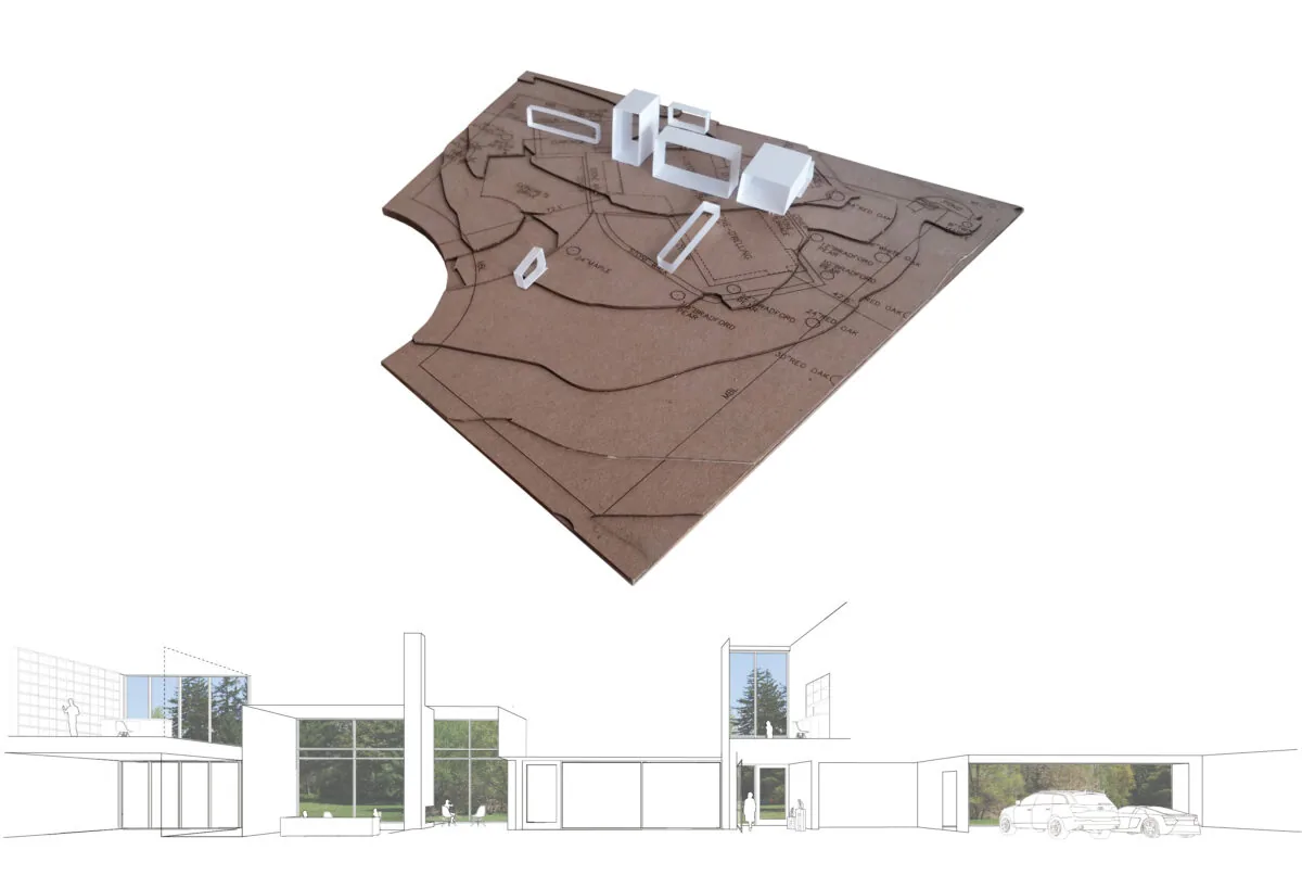 Topographic site model along with a modern architectural elevation drawing for Frame House by Tonic Design & Construction.