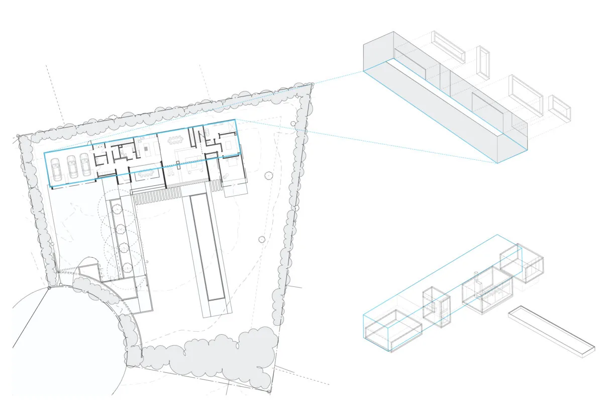 Axonometric view with floor plan and separated architectural building components of Frame House by Tonic Design & Construction.