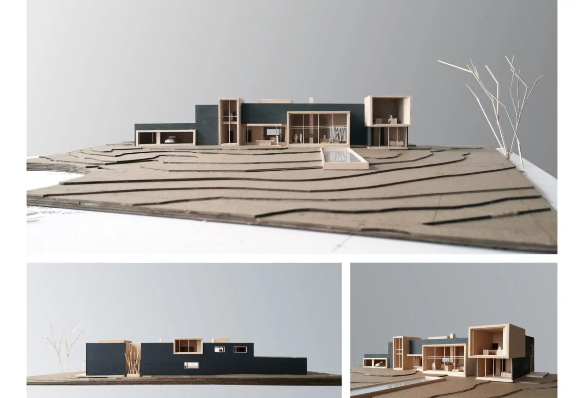 Model of Frame House by Tonic Design & Construction showing modern design with box volumes and sloped site layers.