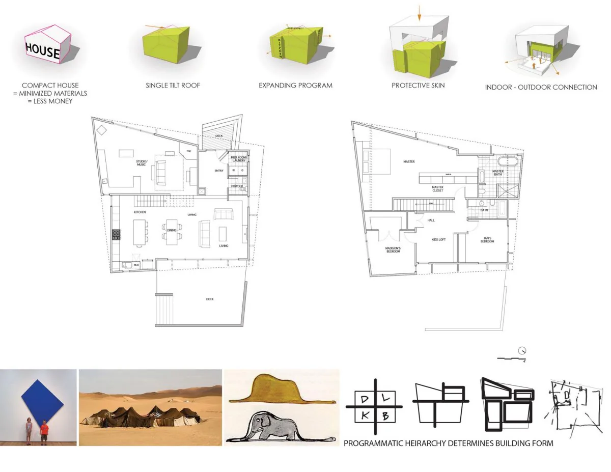 Floor plans and conceptual diagrams for Weathering House, showing layout and design ideas.