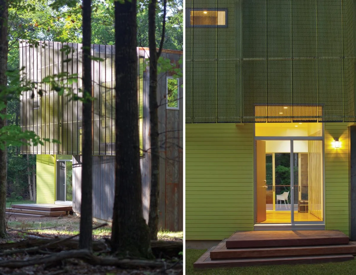Weathering House by Tonic Design & Construction features a layered facade with metal mesh and bright yellow vertical siding.
