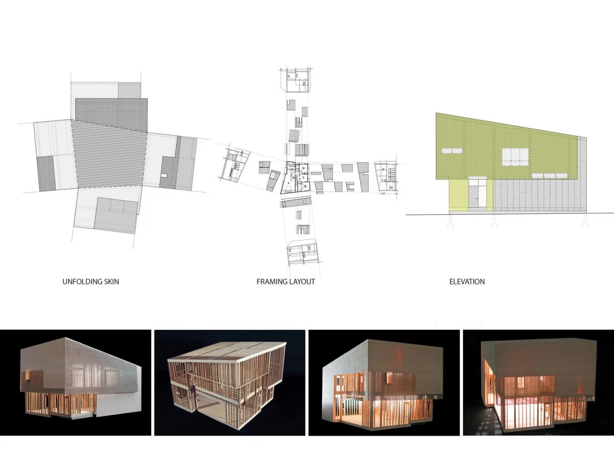 Design drawings and wooden framing models illustrate the Weathering House's layered facade and framing layout.