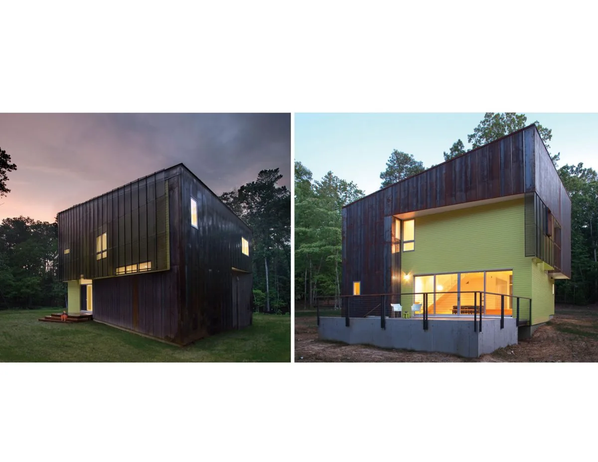 Weathering House features a rusted metal upper facade and yellow siding on the lower exterior walls in a wooded setting.