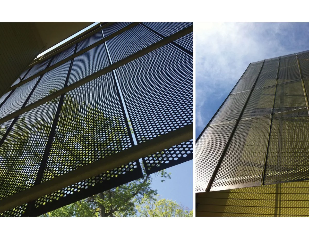 Perforated metal screens form a layered exterior facade allowing filtered light and visibility.