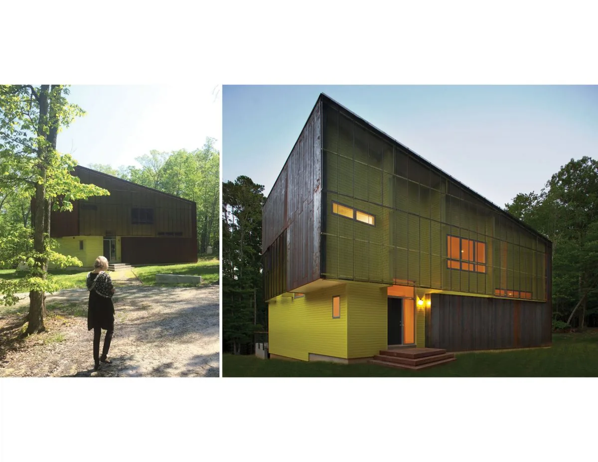 Weathering House features a layered facade with rusted metal panels and yellow siding, highlighted in daytime and illuminated night images.