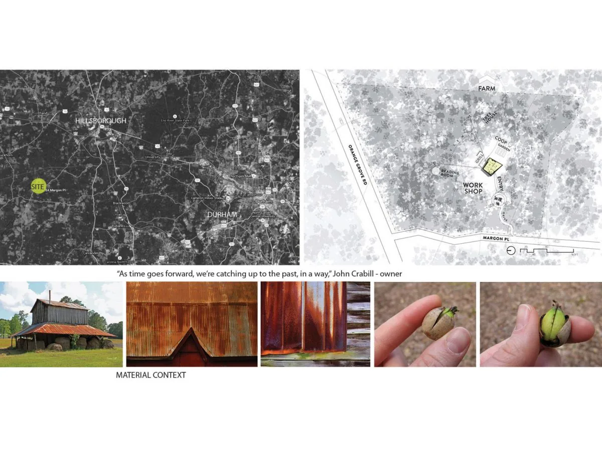 Site location and layout plans for Weathering House with photos showcasing rusted metal material context.