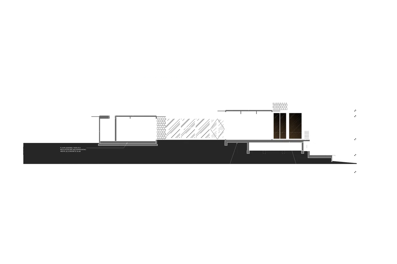 Section drawing of the Stinson Bungalow highlighting the floor assembly and outdoor landscaping integration.
