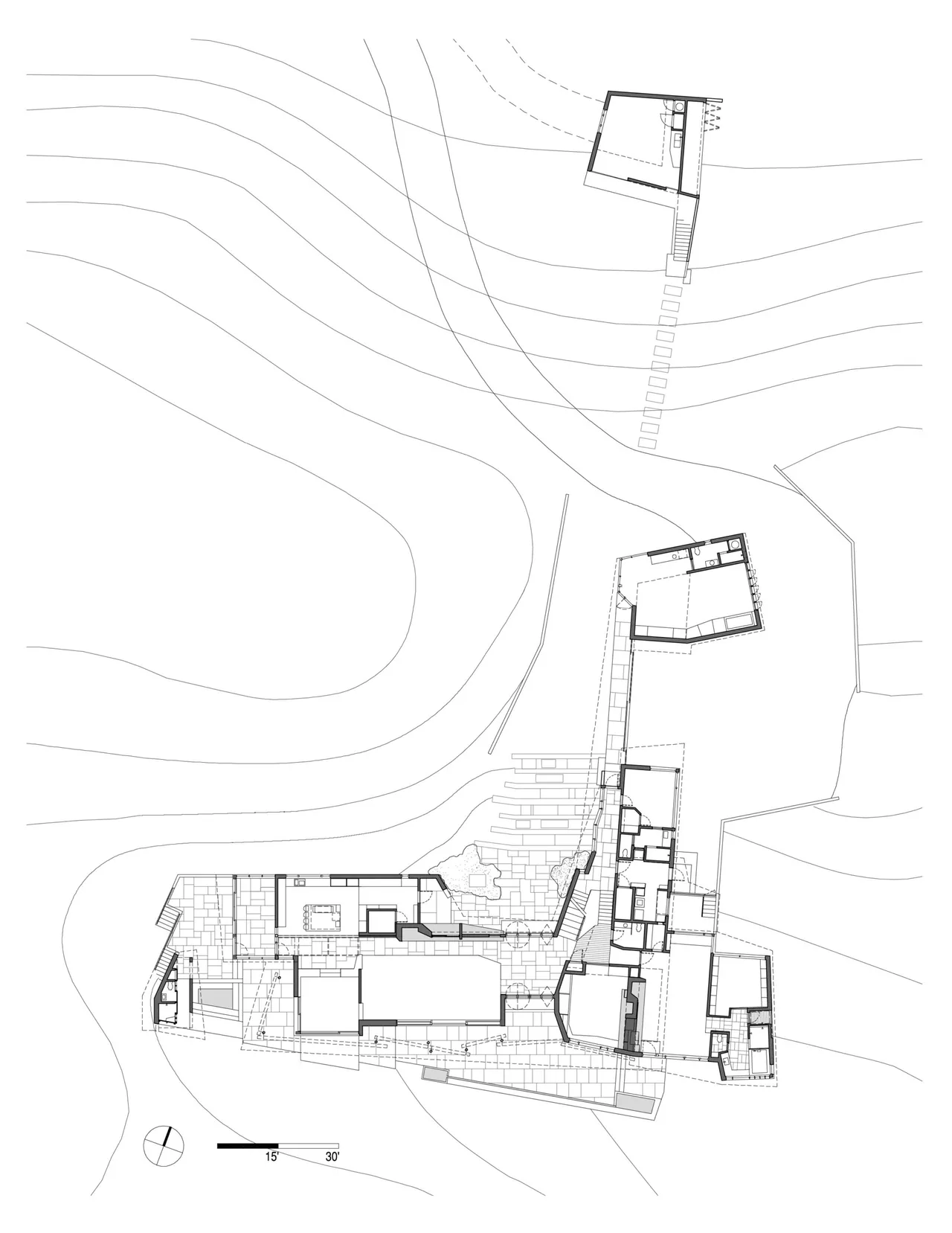 Plan view of the Orleans House site showing building layout, stairs, and pathways relative to site contours.
