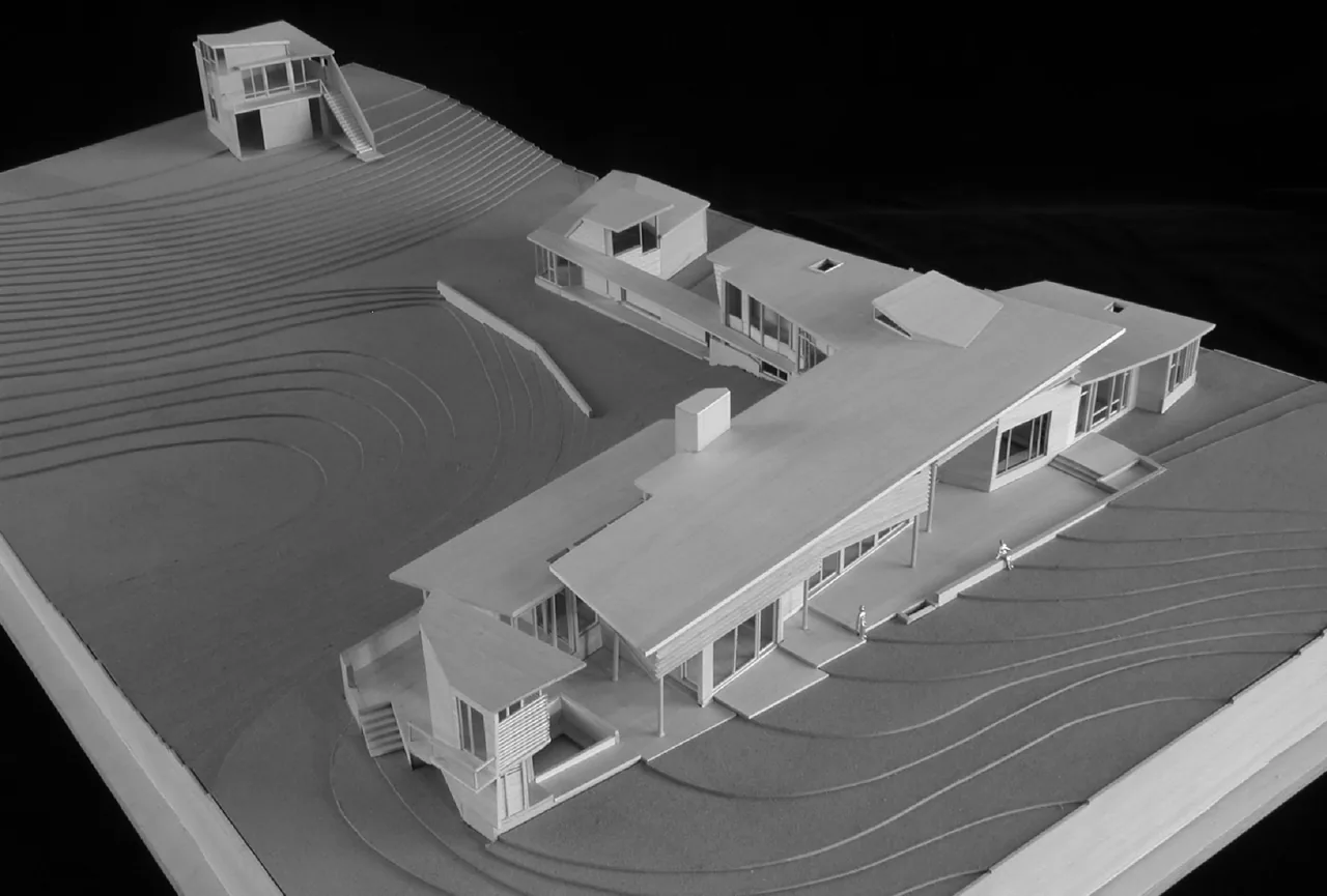 Architectural model of Orleans House depicting multiple connected buildings and contour landscaping.