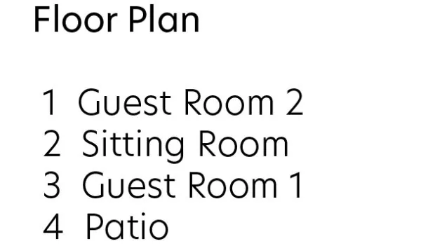 Floor plan text listing Guest Room 2, Sitting Room, Guest Room 1, and Patio.
