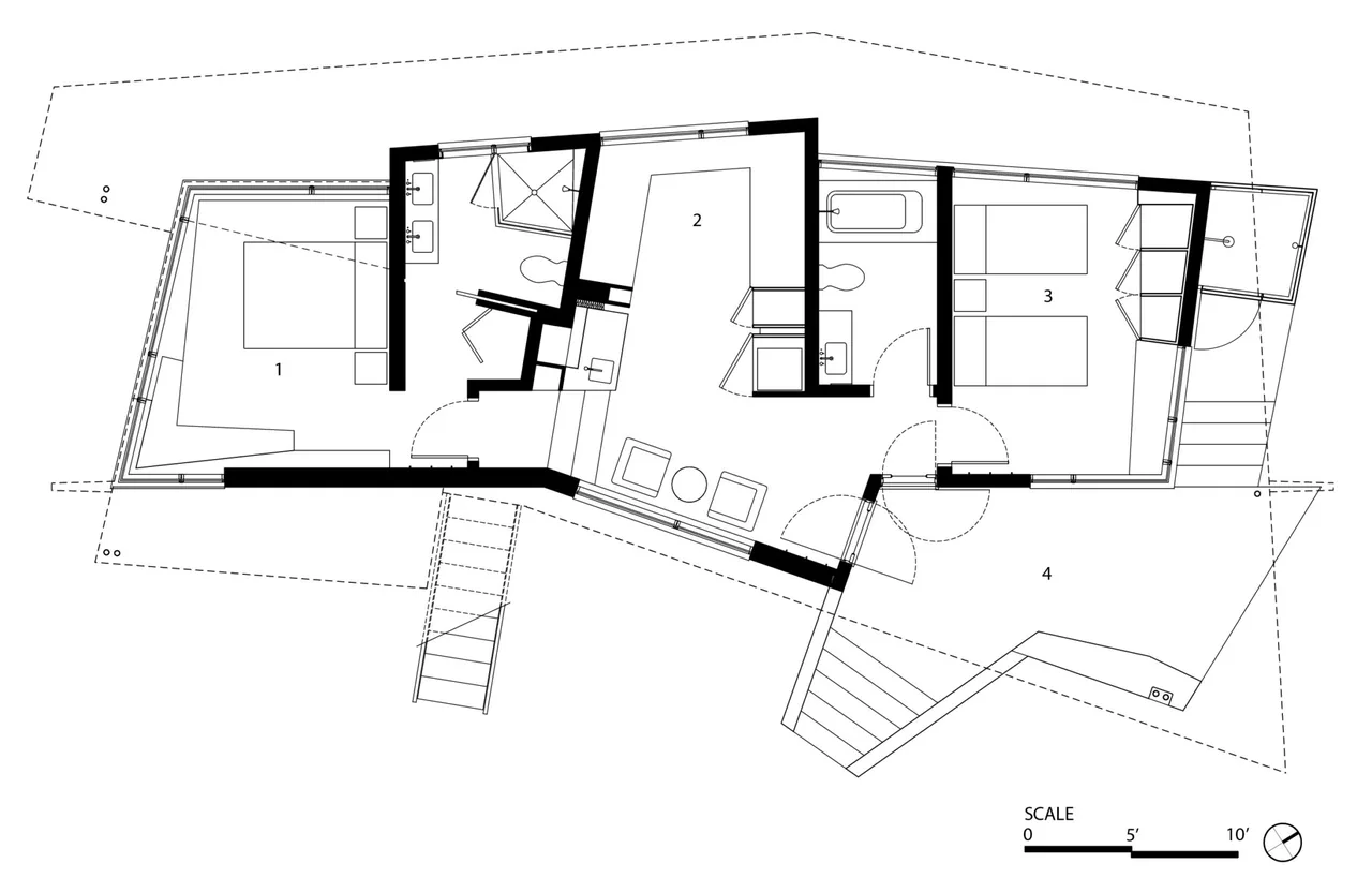 Floor plan of Chilmark Guest House by Charles Rose Architects, including two bedrooms, bathrooms, living space, and outdoor area.