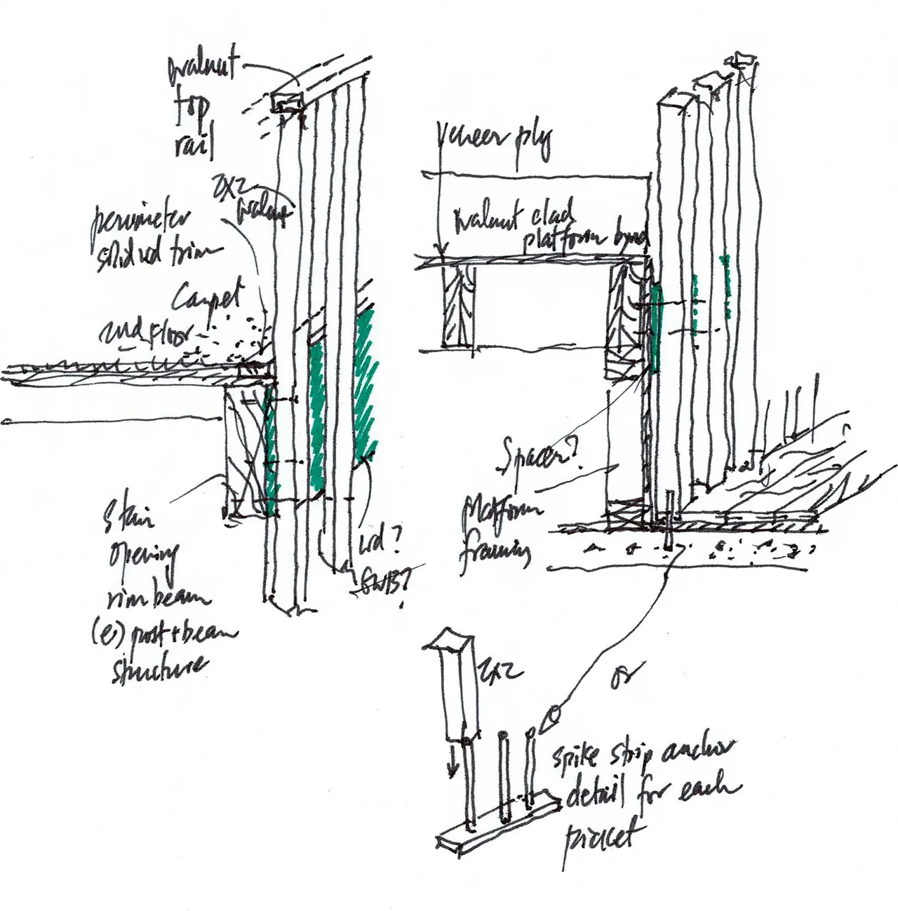 Architectural sketch details a stair opening with walnut top rail, platform board, and structural notes.