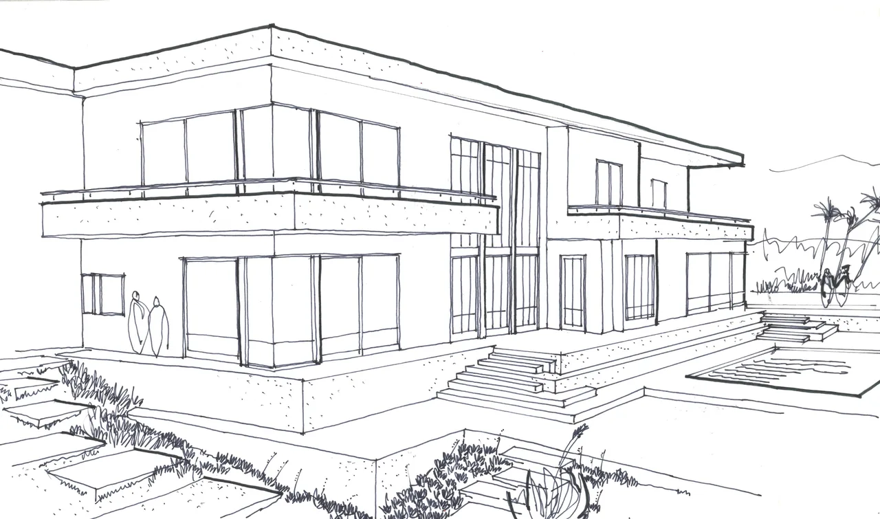 Sketch of the Hollywood Hills House showing a modern two-story exterior with large windows and terrace steps.