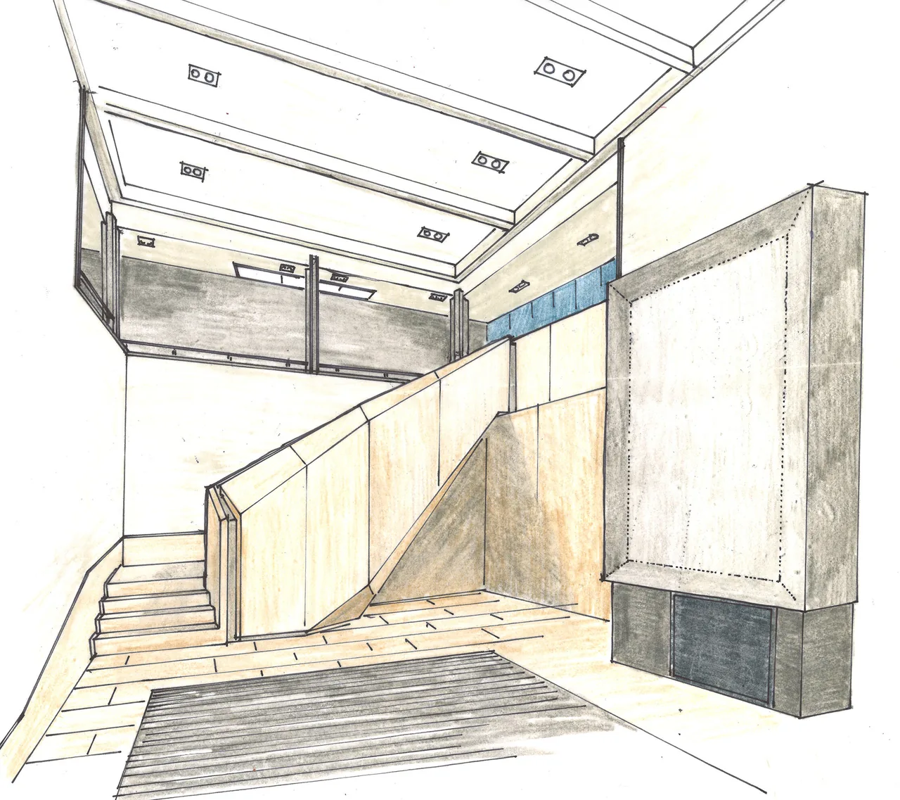 Interior sketch of the Hollywood Hills House entry showing the staircase, clerestory windows, and wall details.
