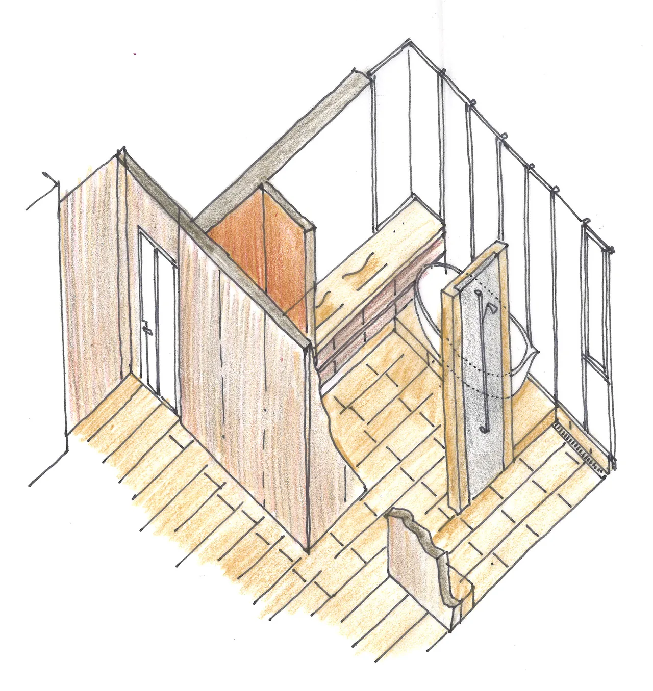 Hand-drawn architectural sketch showing a bathroom layout with wood finishes and a freestanding bathtub.