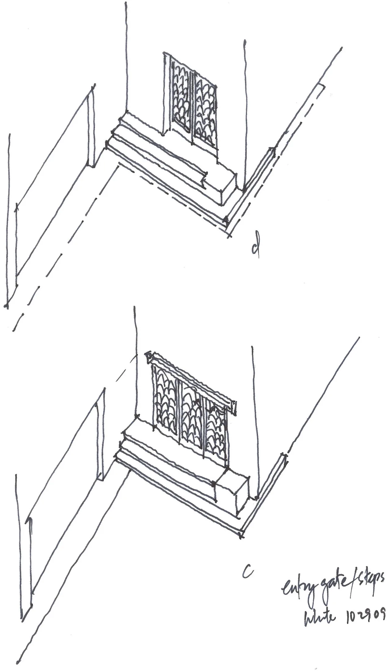 Sketch of the entry gate and steps showing decorative metalwork and platform design.