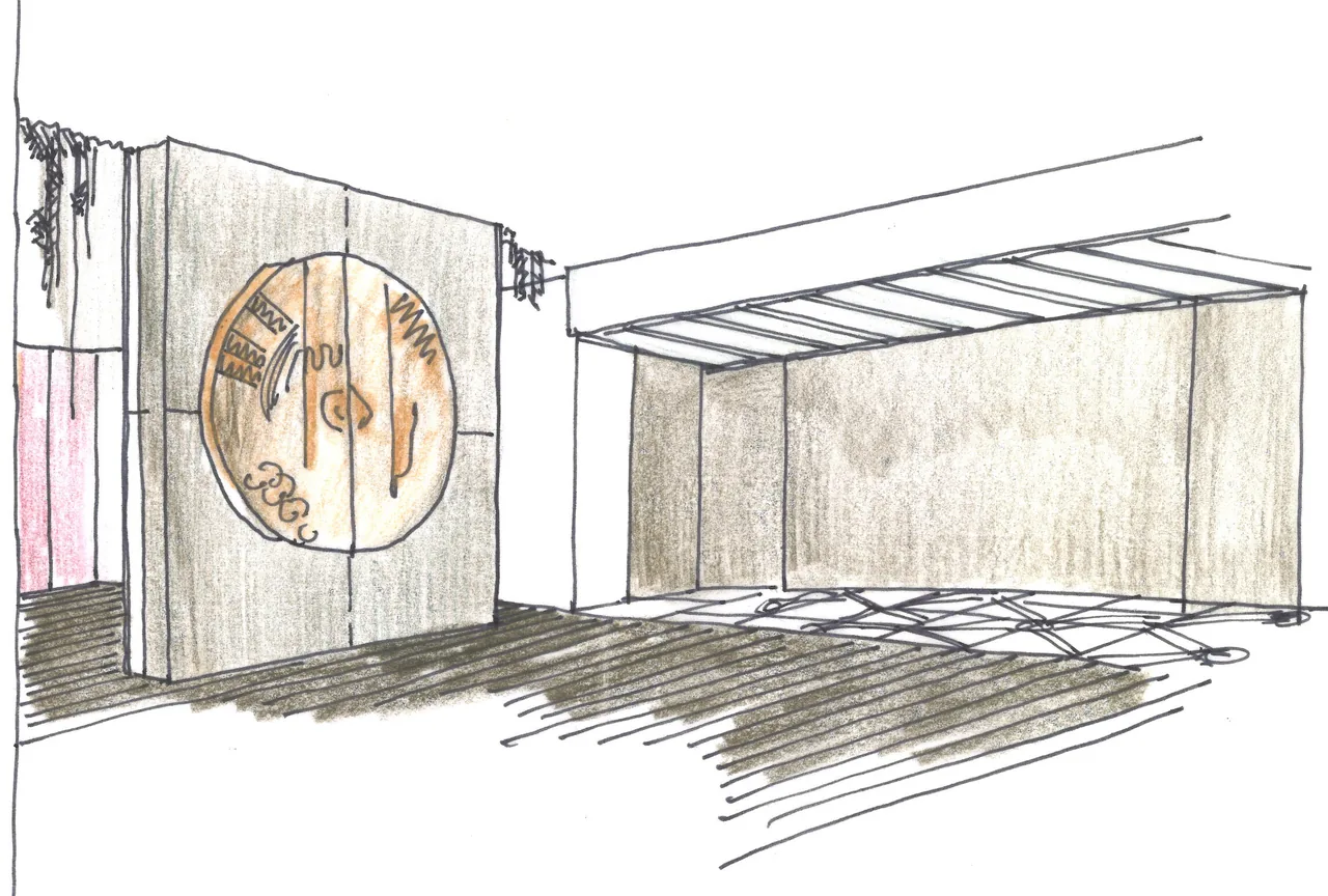 Sketch of the Hollywood Hills House porch with a large sculptural metal door by CHU+GOODING Architects.