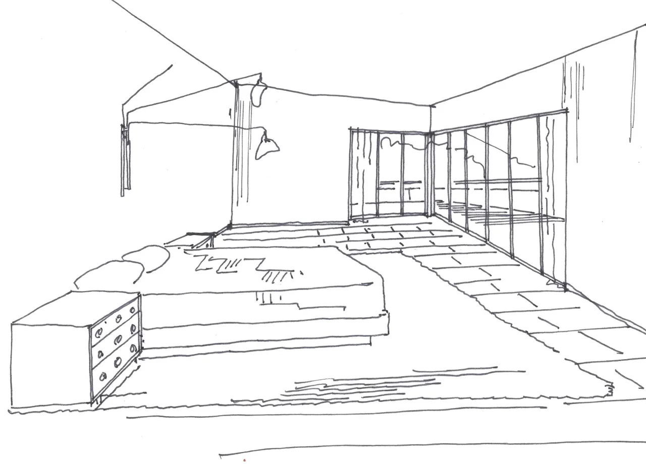 Architectural sketch of a bedroom with floor-to-ceiling windows and minimal furnishings.