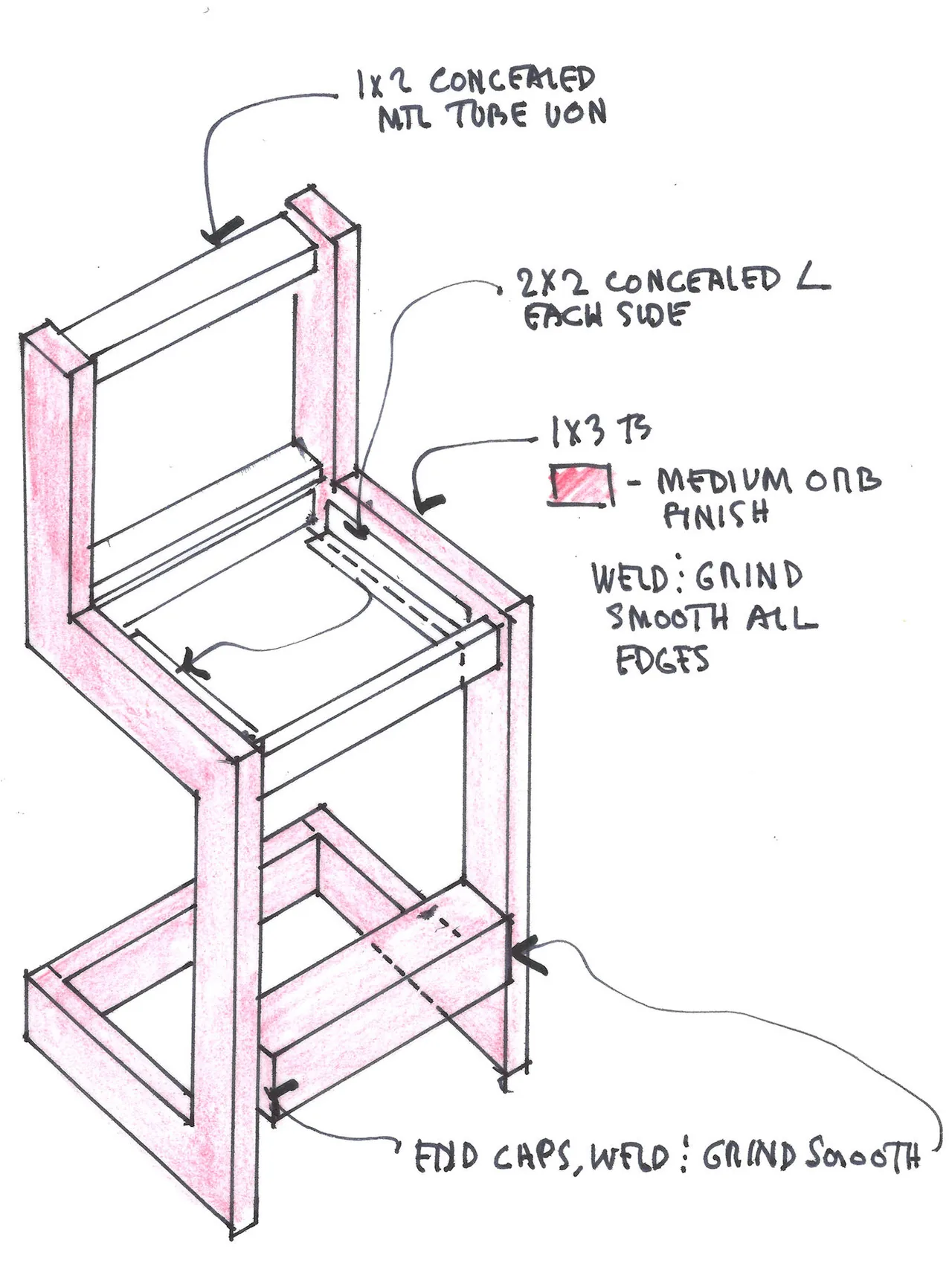 Architectural sketch of a chair frame showing concealed metal tubes and weld details with medium orb finish.