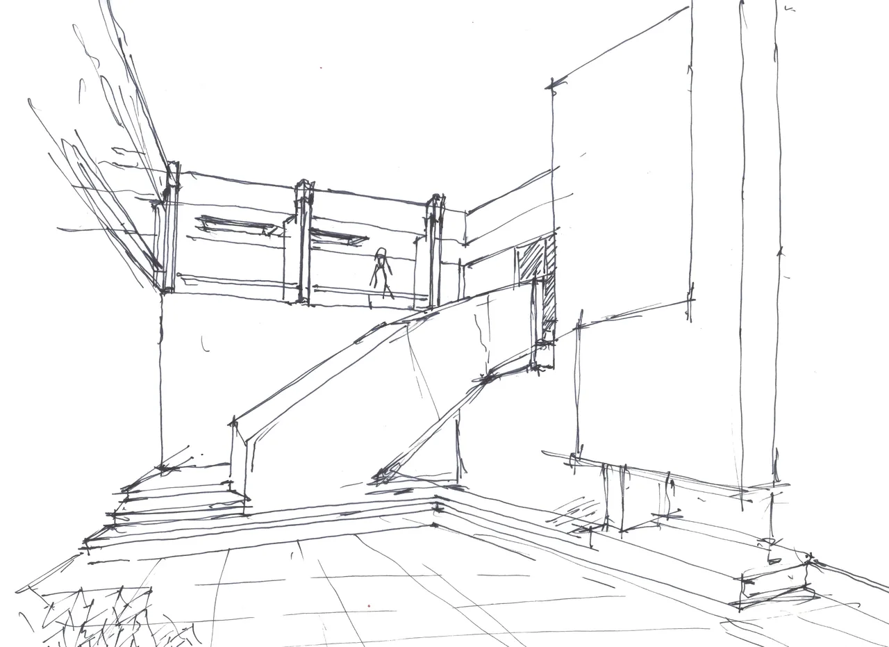 Architectural sketch shows an exterior stair and minimalistic facade of the Hollywood Hills House project.