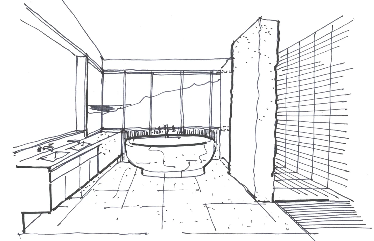 Architectural sketch of a modern bathroom featuring a freestanding tub and double vanity within Hollywood Hills House project.