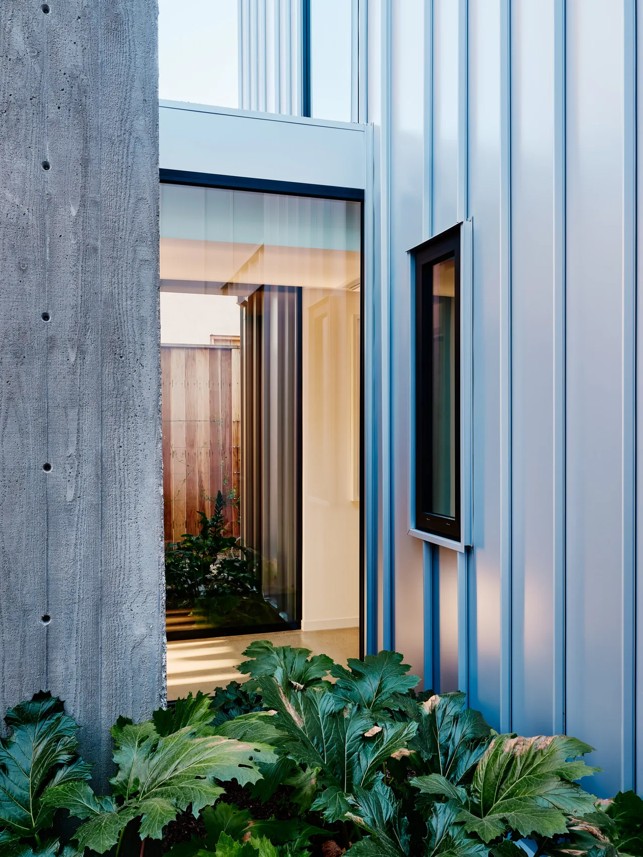Exterior detail of a concrete wall adjacent to blue metal siding and greenery at the Los Angeles residence by Clive Wilkinson Architects.