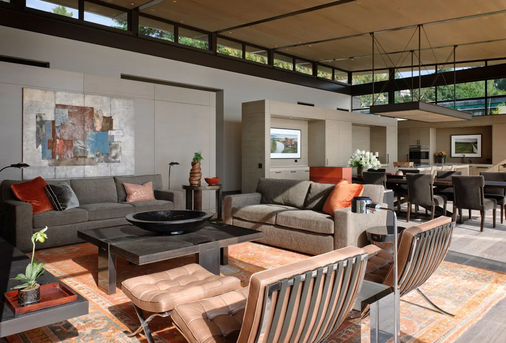 Washington Park Residence living room features modern furnishings with abundant natural light through clerestory windows.