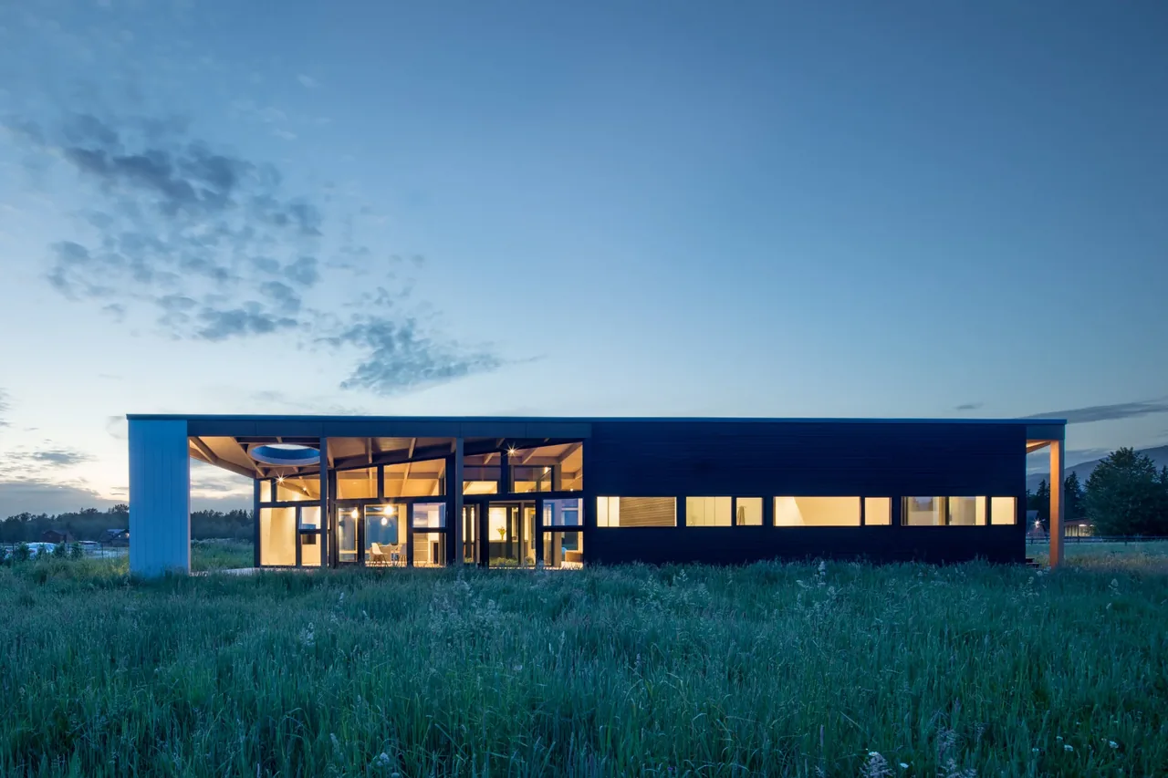 The Field House by David Coleman Architecture features extensive glazing and black siding with a sloped roof.