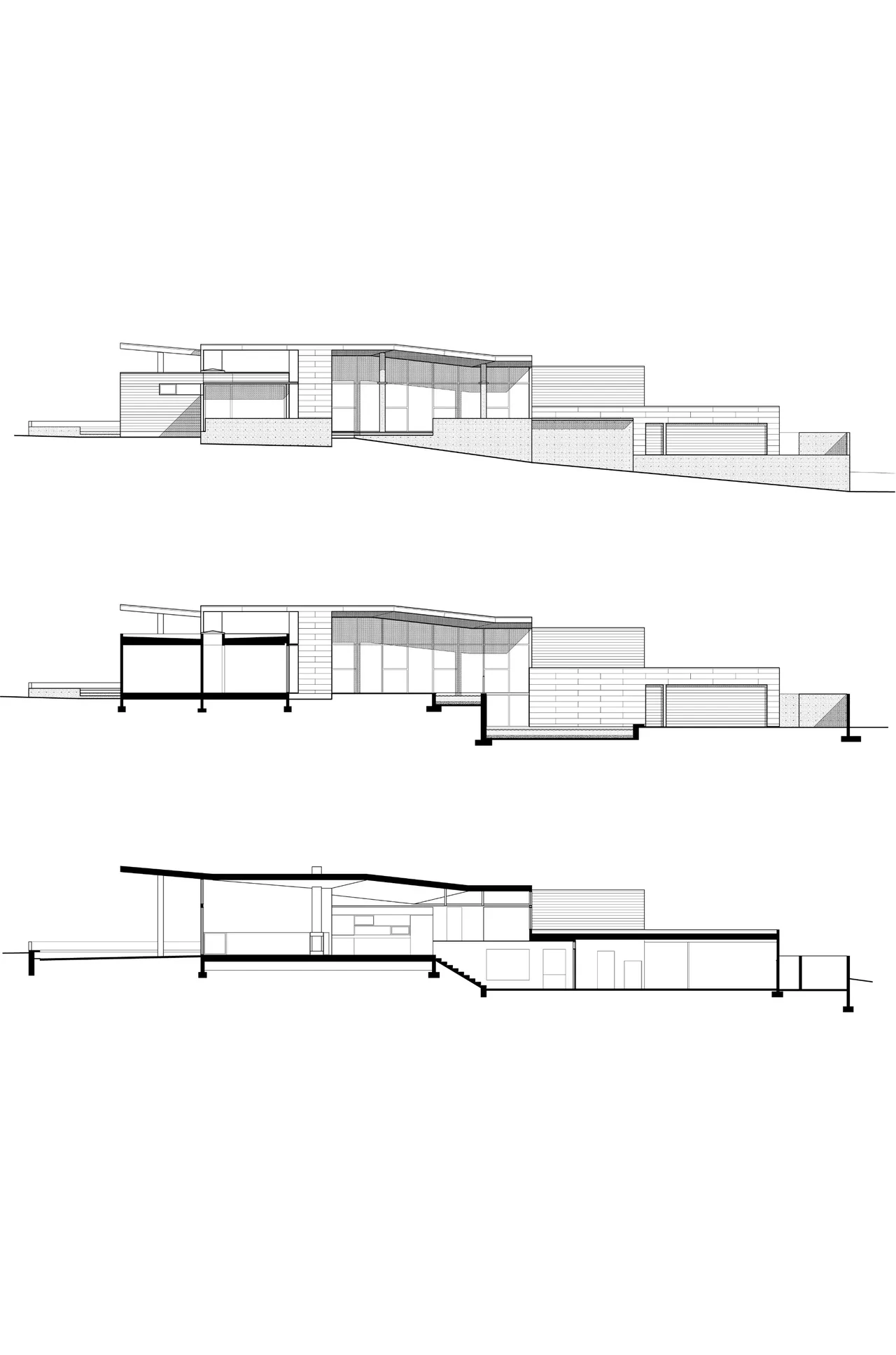 Elevation and section drawings of Inside Outside House showing its modern flat and angled roof profile and structural details.